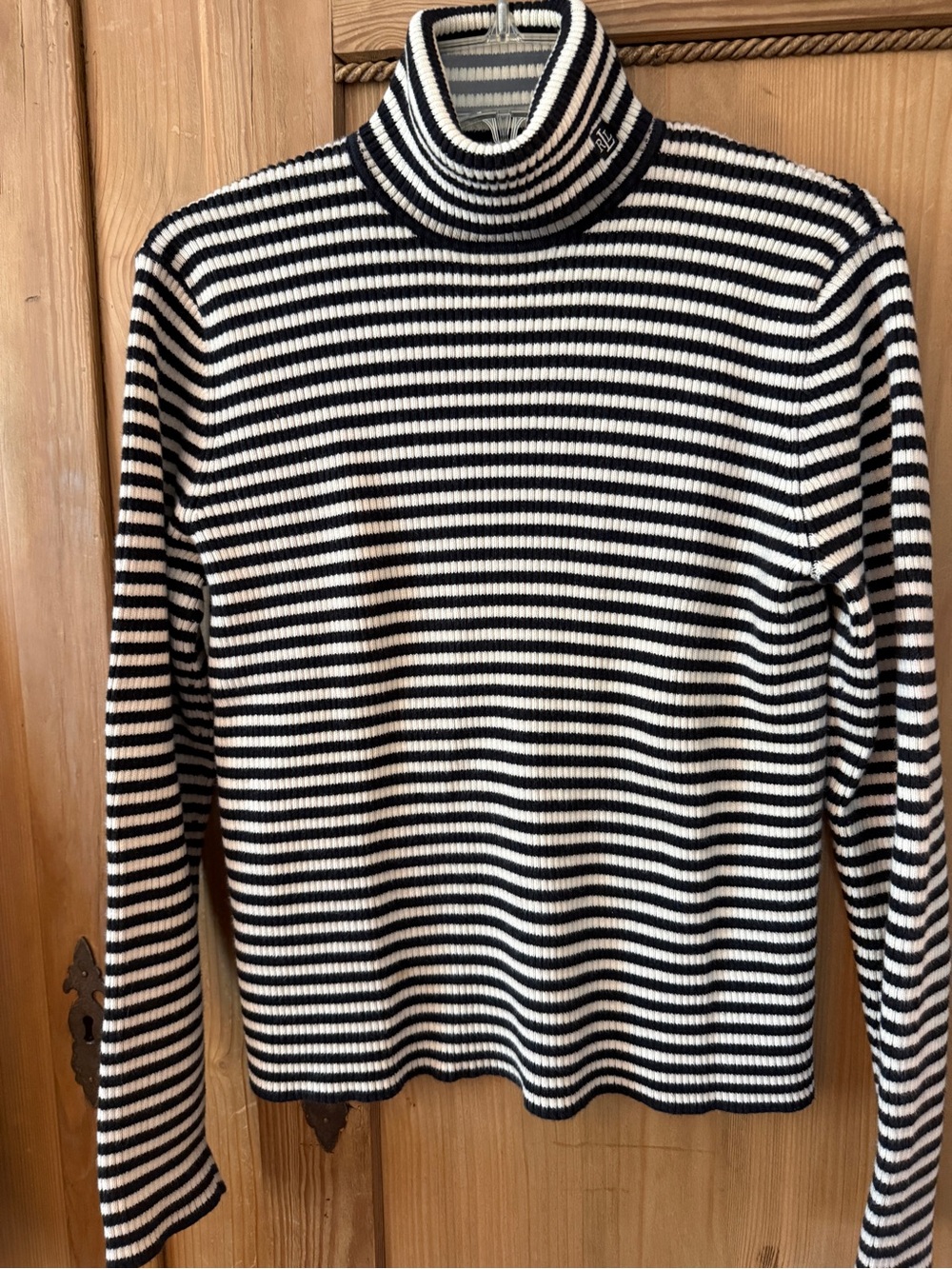 Ralph Lauren 100% Cotton Black and White Striped Ribbed Turtleneck Sweater